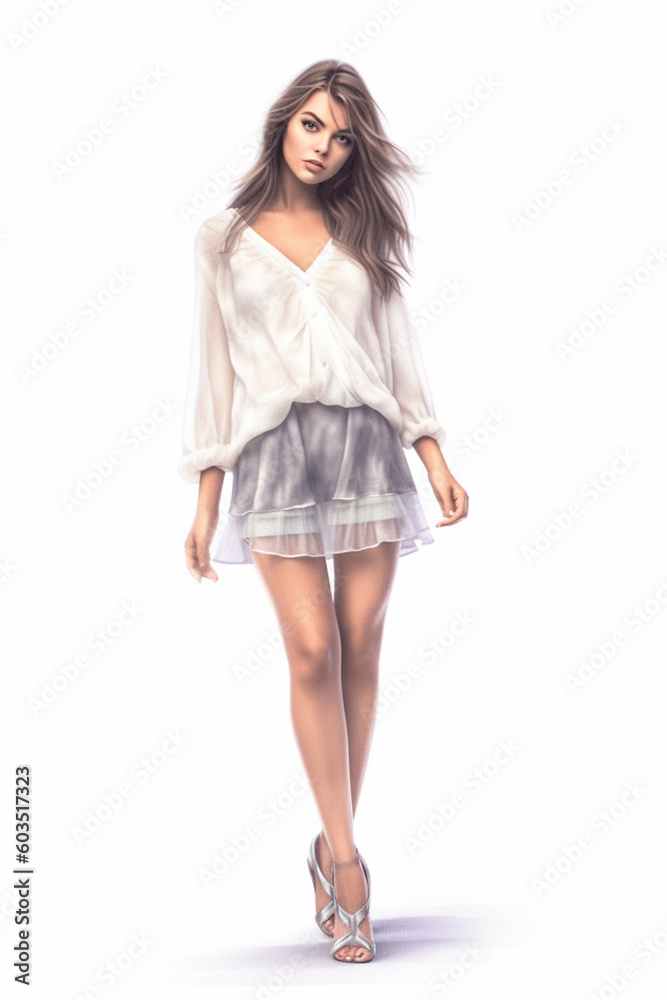 Illustration of a cute young brunette girl modeling a beautiful beige skirt dress watercolor, created using generative ai tools