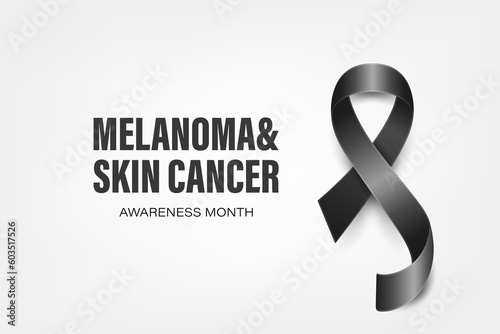 Melanoma, Skin Cancer Banner, Card, Placard with Vector 3d Realistic Black Ribbon on White Background. Melanoma, Skin Cancer Awareness Month Symbol Closeup, May. World Melanoma Day Concept