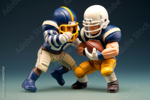 two toy players dressed in football gear, fighting over a miniature ball. evokes the intensity and competitive spirit of the sports game. Generative AI Technology