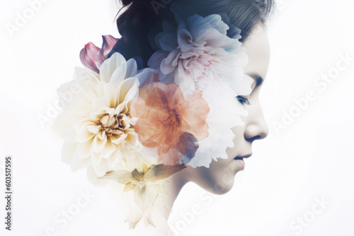 Aesthetic double exposure portrait of a young woman and a beautiful nature. Flower overlays used to enhance the dreamy and romantic mood. Generative AI Technology © vefimov