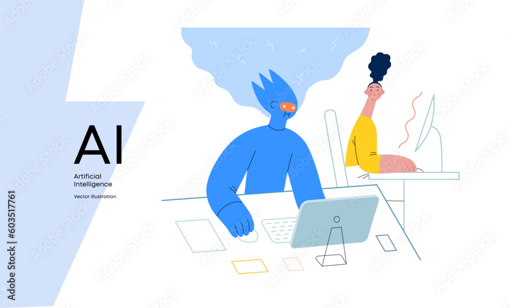 Artificial intelligence, office work -modern flat vector concept illustration of AI effectively working at the desk and surprised human. Metaphor of AI advantage, superiority and dominance concept