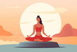 beautiful girl sitting on a beach, facing the ocean, with the sunrise in the background. She is meditating with her eyes closed, appearing calm and peaceful. Generative AI Technology.