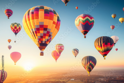 A vibrant photograph capturing the joy and whimsy of a plethora of colorful balloons soaring high in the sky, conveying a sense of freedom, adventure, and childlike wonder. Generative AI Technology