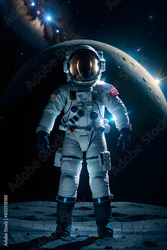 Realistic illustration of astronaut on alien planet.