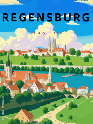 Regensburg: Retro tourism poster with an German landscape and the headline Regensburg in Bayern