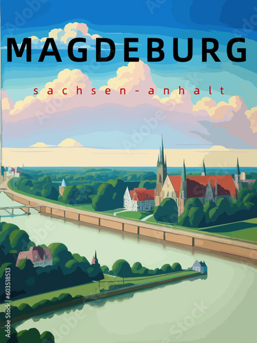 Magdeburg: Retro tourism poster with an German landscape and the headline Magdeburg in Sachsen-Anhalt