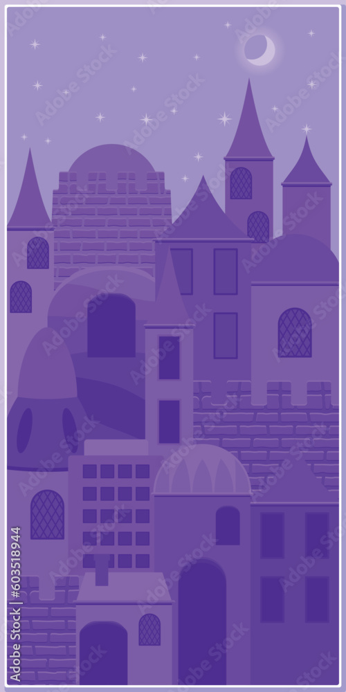 Buildings, walls and towers of an ancient oriental night city, vertical banner, vector image