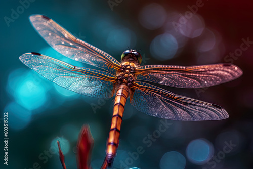 Macro closeup of a dragonfly hovering over a pond , Generative AI © maximos