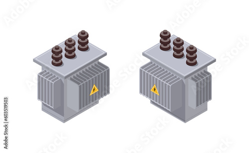 Isometric Transformer. Electric Energy Factory. Vector Illustration