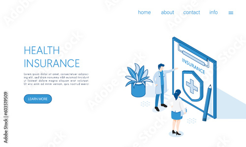 Landing page Doctors Characters stand near Health Insurance Contract. Isometric vector.