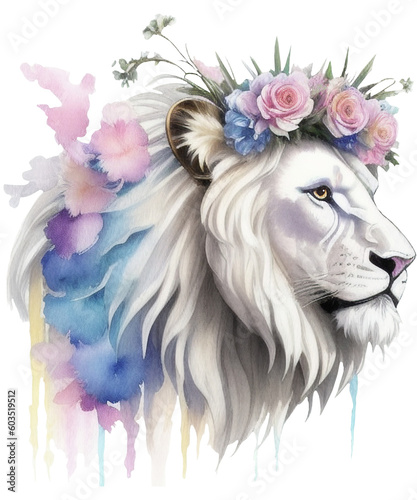 original illustration of cute white lion with flower wreath. watercolor style. Ai generated
