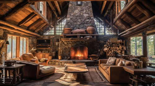 Rustic western house interior with large fireplace by generative AI
