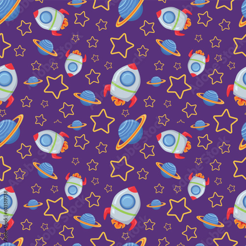 Childish seamless pattern with spaceship and stars. Hand-drawn spatial elements seamless background. Cosmic background. Space doodle illustration. Vector illustration. Seamless background with cartoon