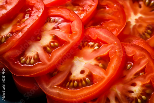 a closeup of sliced tomatos on a wooeden board photo