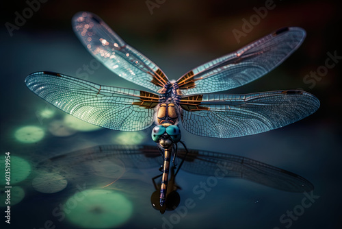 Macro View of a dragonfly hovering over a pond, Generative AI © maximos