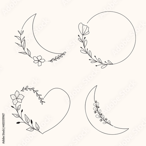 Set of Floral Wreath Line Art Drawing