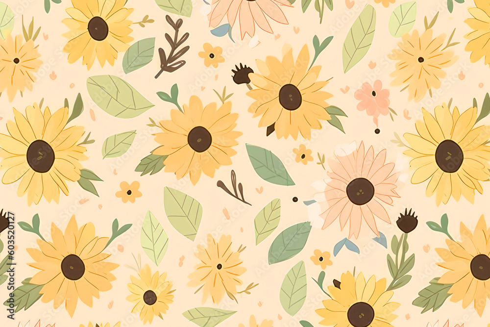 cute doodle rough paint sunflowers background