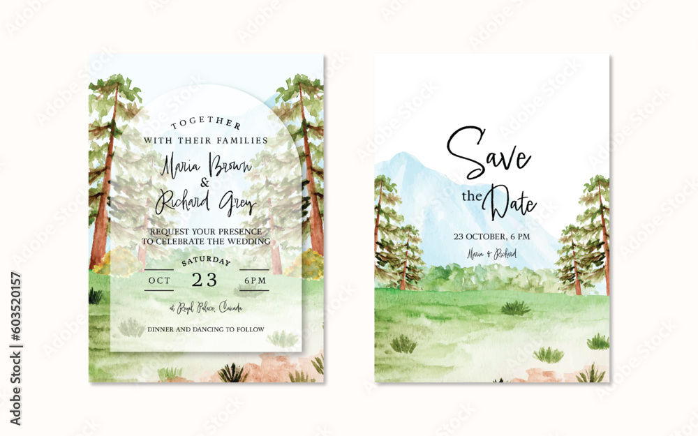 Set Of Watercolor Landscape Wedding Invitation