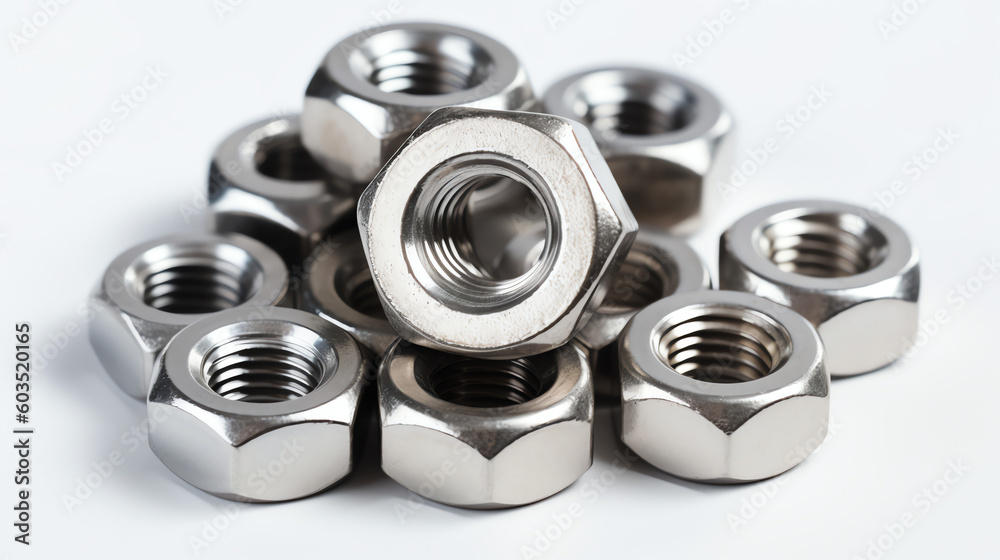 a bunch of Steel Hex nuts on a white background a bunch of Steel Hex nuts on a white background