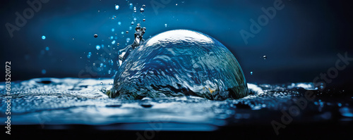 Macro photo of a water bubble, panoramic web banner or background in blue colors, generative AI photo