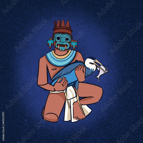 Ilustración de Tlaloc cazando un pez con una garza, arte mexicano photo