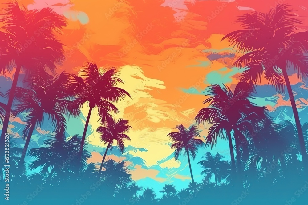 Landscape of palm trees and sky in retro style. Colorful summer template. Generative AI