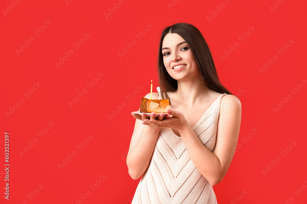Beautiful young woman with sweet birthday cake on red background Beautiful young woman with sweet birthday cake on red background