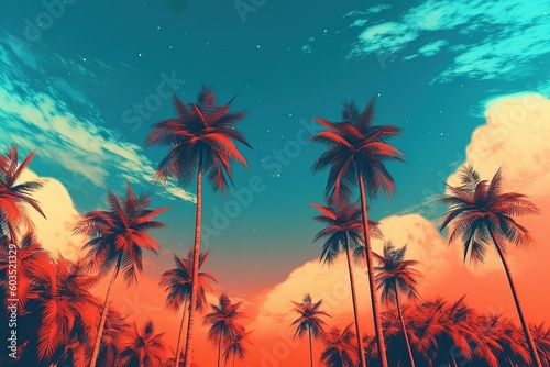 Landscape of palm trees and sky in retro style. Colorful summer template. Generative AI © DZMITRY
