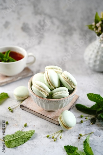 Homemade green macarons with copy space, selective focus