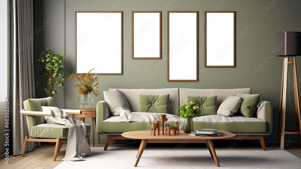 Fototapeta premium Picture frame mockup, empty wooden picture frame, elegant, bright light, sunny day.