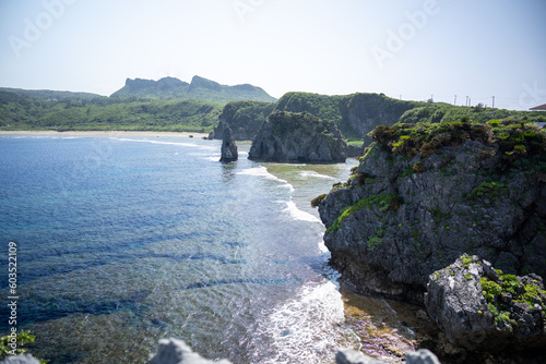 沖縄県国頭郡国頭村辺戸の辺戸岬や宇佐浜の海を地上で撮影した風景 Scenery of the sea at Cape Hendo and Usahama in Hendo, Kunigami-son, Kunigami-gun, Okinawa, photographed on the ground. photo