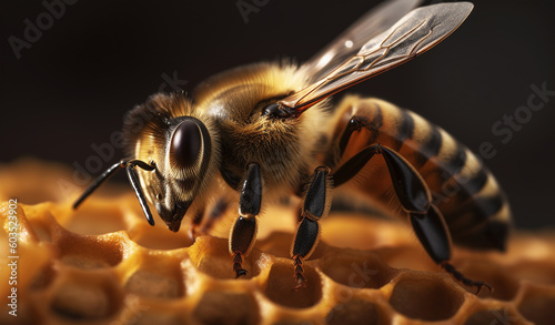 Bee on honeycomb, macro view. Generative AI.