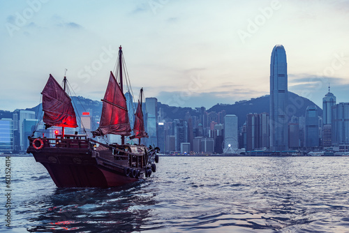 Photography Retro small ship in Hong Kong harbour.
