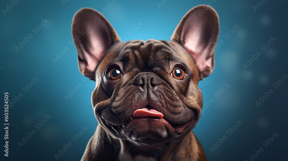 Frensh Bulldog wears a tie on a blue background, portrait of bulldog, happy, cute, playful and funny look - Generative AI