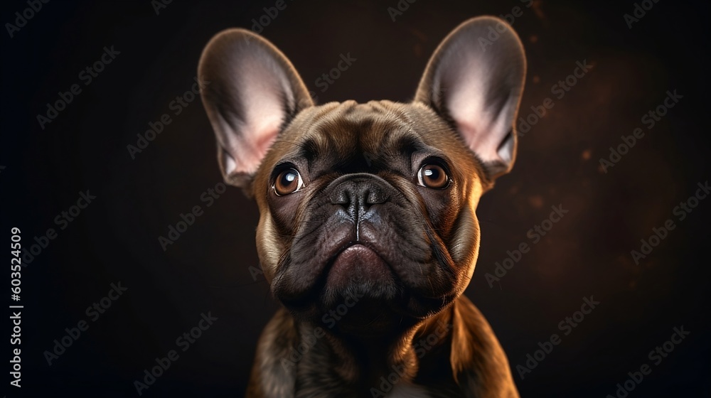 Frensh bulldog on dark background, portrait of bulldog, happy, cute, playful and funny look - Generative AI