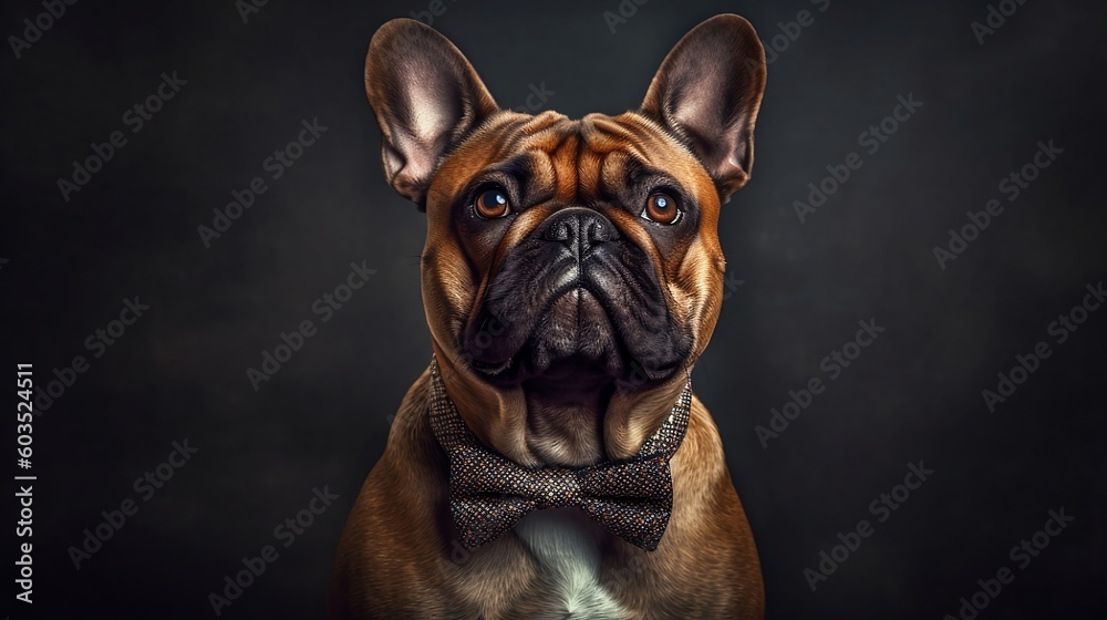 Frensh bulldog wears a tie on dark background, portrait of bulldog, happy, cute, playful and funny look - Generative AI