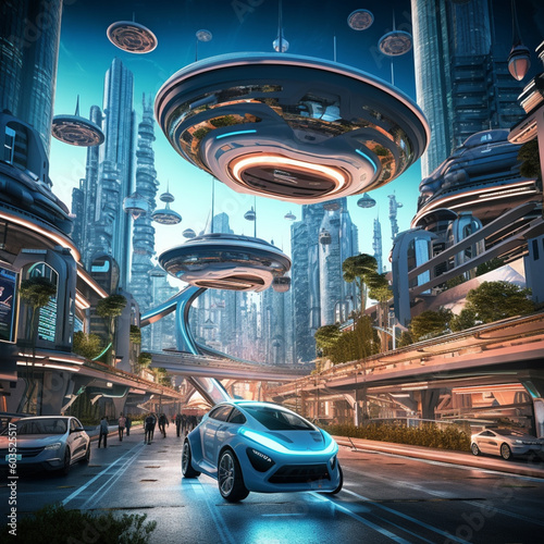 cars in the  futuristic city