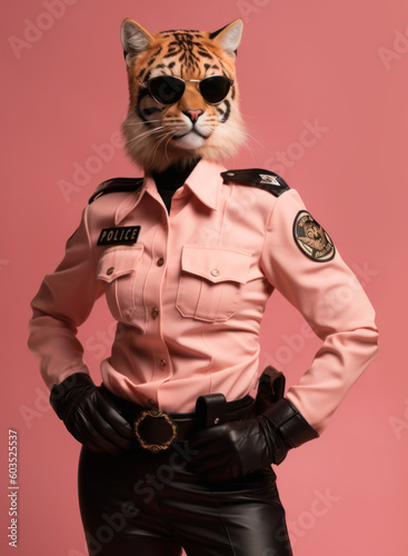 An anthropomorphic tigress in a pink police uniform on pink background  a bold representation of female authority that inspires equality and empowerment of women Generaive AI