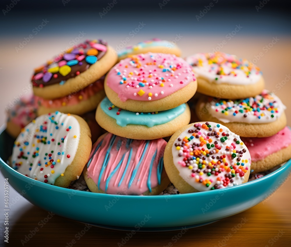 Various sweets on a dish with sprinkles of color. Generative AI