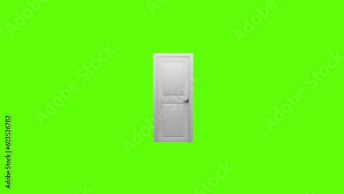 white wall and floor scene with door in the middle, door open, camera zoom to the door