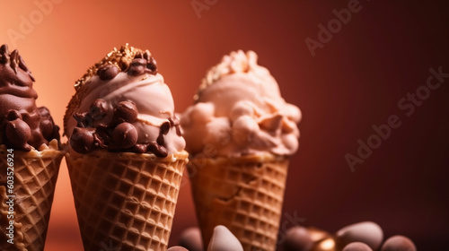Delicious ice creams of different flavors in cones. Refreshing chocolate, vanilla, strawberry ice creams... with dried fruit shavings such as peanuts, cashews, almonds. Image generated by AI.