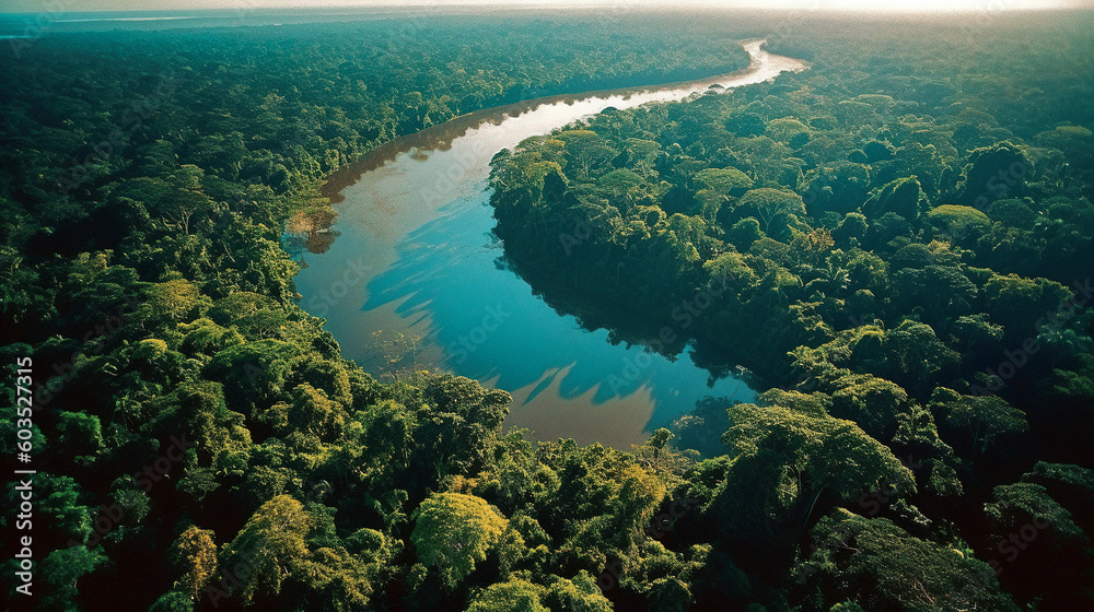 Aerial View of the Amazon bathed in beautiful light, surrounded by lush Amazon rainforest - generative ai