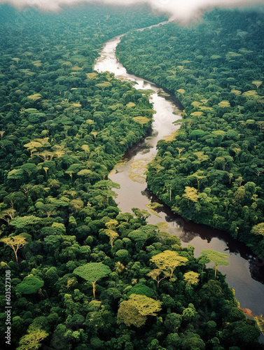 Aerial View of the Amazon bathed in beautiful light, surrounded by lush Amazon rainforest - generative ai