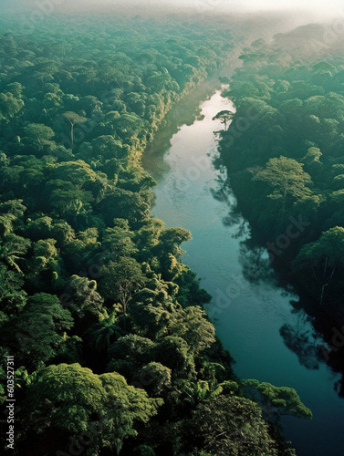 Aerial View of the Amazon bathed in beautiful light  surrounded by lush Amazon rainforest - generative ai