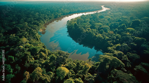 Aerial View of the Amazon bathed in beautiful light, surrounded by lush Amazon rainforest - generative ai © Uolir