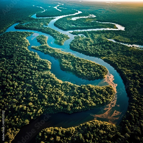 Aerial View of the Amazon bathed in beautiful light, surrounded by lush Amazon rainforest - generative ai