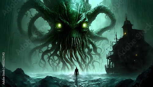 Person standing in front of cthulhu tentacle monster in the style of lovecraft horror. photo