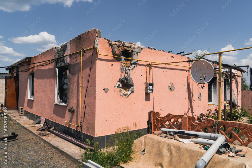 Countryside. House destroyed by shelling. War in Ukraine. Russian invasion of Ukraine