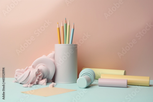 A pink container with pencils and a notepad on it photo