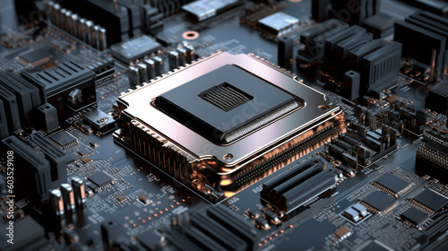 CPU processor installed in a motherboard, shiny metal computing illustration created with Generative AI